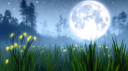 Obraz premium Serene nighttime mountain landscape bathed in moonlight with a subtle sense of cicadas chirping in the background