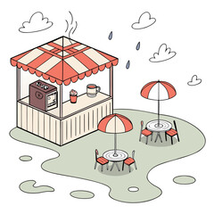 Charming isometric illustration of a cozy outdoor coffee kiosk with tables and umbrellas on a rainy day with puddles and clouds