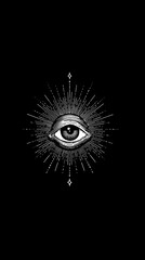 simple, abstract eyeball in the center; black and white art ai generated vision; concept of god, belief, mystery, illuminati
