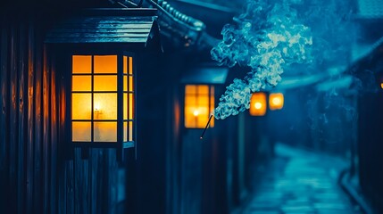A quiet meditation corner bathed in soft lantern light with curling incense smoke enhancing the tranquil ambiance