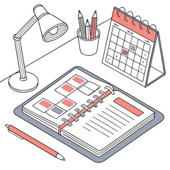 A clean isometric illustration of a desk setup featuring an open planner a desk lamp pencils in a cup a desk calendar and a pen