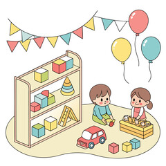 Cute cartoon children playing with colorful toys and balloons in a playroom decorated with festive bunting flags