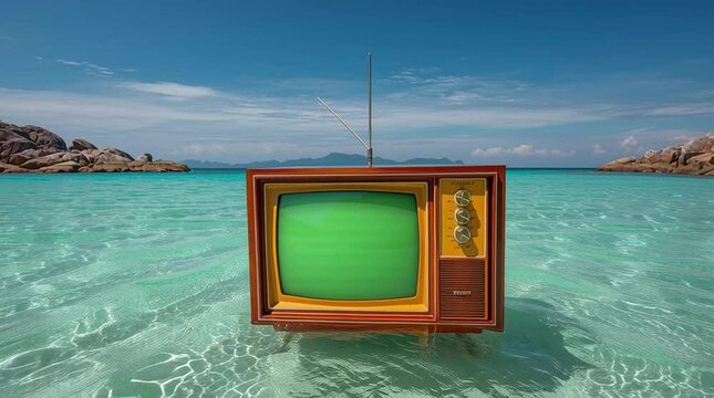 Vintage TV with green screen on tropical beach, perfect for mockup or video editing.