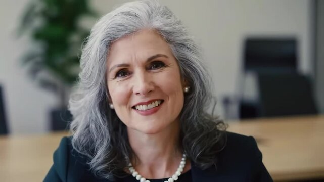 Smiling mature business woman in office setting facing forward