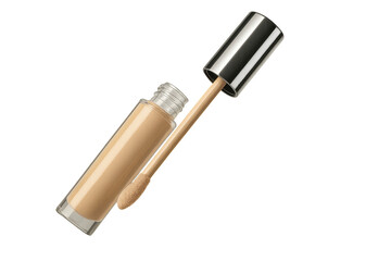 Beige liquid foundation bottle with applicator isolated on transparent background.