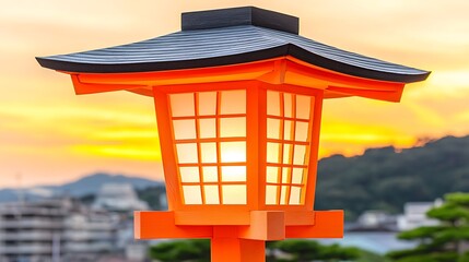 Mountain shrine glowing in vibrant orange lantern light framed by the fading colors of the twilight sky