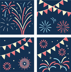 Obraz premium Celebratory flags and fireworks enhance festival mood in a graphic background.