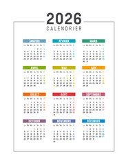 Year 2026 colorful calendar in French on white background, France vacations, vertical vector template
