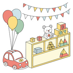 A charming cartoon illustration featuring a red toy car with balloons a teddy bear building blocks and festive bunting for a child s celebration or playroom scene