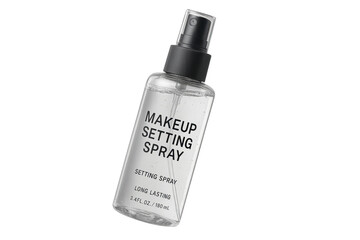 Clear makeup setting spray bottle isolated on a transparent background shot in studio