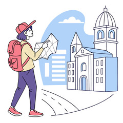 A young traveler with a backpack and a map navigates a city street towards a grand european style building with a dome