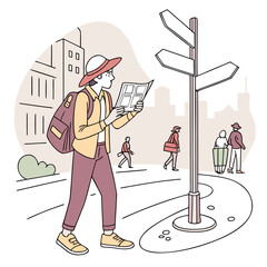 A tourist wearing a hat and backpack consults a map at a street signpost in a city with buildings and other pedestrians walking by