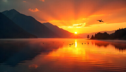 Sunset Lake Mountain Landscape With Flying Geese