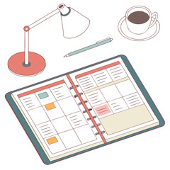 Flat lay illustration of an open planner with a desk lamp pen and coffee cup on a white background representing productivity and planning