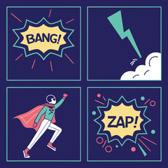 Cartoon superhero graphic with comic book style effects of bang and zap
