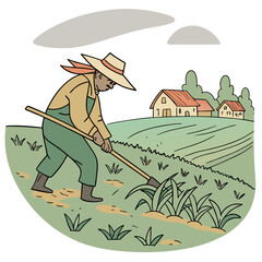 A farmer wearing overalls and a straw hat works the soil with a hoe in a green field with farmhouses and trees in the background under a cloudy sky