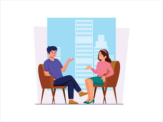 Smiling business people man and woman with smile Face Happy employees or colleagues talk discuss ideas. Vector illustration