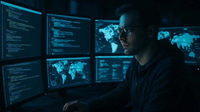 Computer expert analyzes data on multiple screens in dimly lit office environment at night