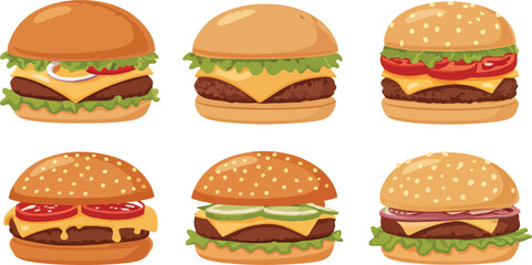 Set of Burger Illustration vector design, Burger Logo and icon design, Cartoon Burger vector design