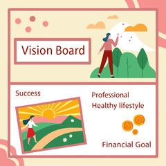 Vision board illustrating personal goals for success professional development healthy lifestyle and financial aspirations with motivational imagery and text