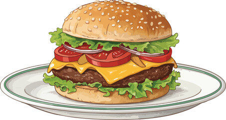 Burger Illustration vector design, Burger Logo design, Burger on plate in white background vector design