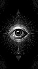 simple, abstract eye vertical design; black and white art ai generated vision; concept of god, belief, mystery, illuminati