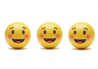 Fototapeta premium Three happy yellow emoji faces with rosy cheeks in a row