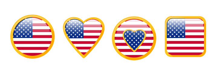 Gold patriotic icons set, vector illustration. Square, circle & heart shapes with USA flag motif.