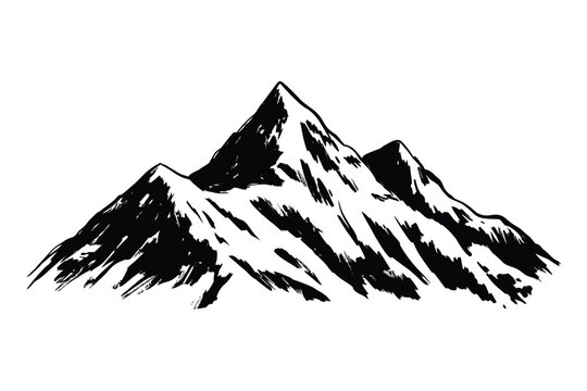 Black and white sketch of snow capped mountain peaks with rough brushstrokes