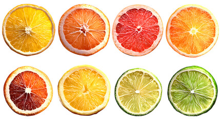 Fototapeta premium Dried and fresh citrus fruit wheel slices PNG set, cutout isolated on transparent background. Grapefruit, orange, lemon, lime cocktail garnish decoration graphic resource