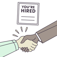 Two hands shaking in agreement with a you re hired document displayed above symbolizing a successful job offer and employment
