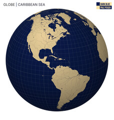 Vector Globe centered to Caribbean Sea. Dark Blue Pale Peach palette. World map with meridians, parallels, countries, rivers and lakes. Trending vector illustration.