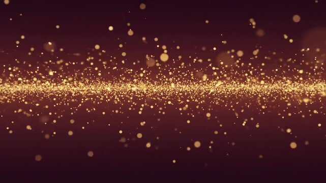 Abstract golden particles sparkle on deep red background with bokeh lights effect.