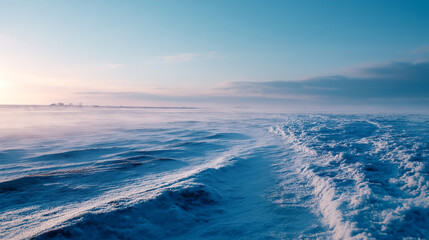 Fototapeta premium Vast snow-covered Siberian plain under soft pastel sky at winter sunrise