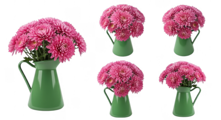 Stunning Arrangement of Vibrant Pink Chrysanthemum Flowers Displayed in a Rustic Green Pitcher for Home Decor and Celebrations, isolated on a transparent background