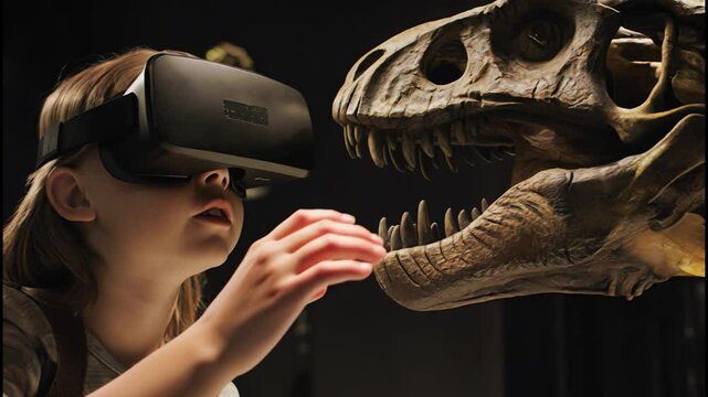 A young girl wearing virtual reality goggles reaches towards a dinosaur skull, blending technology and history in an engaging experience.