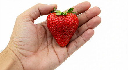Obraz premium Perfectly Shaped Heart Strawberry Held in Hand A Close-Up Image of a Fresh, Juicy Strawberry