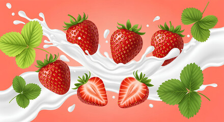 Realistic strawberries and green leaves splashing in milk on vibrant pink background, fresh concept.
