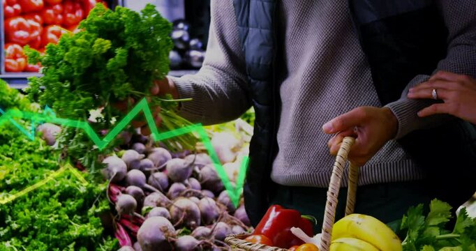 Woman grabbing parsley bundle in produce aisle, causing animated line graph showing freshness