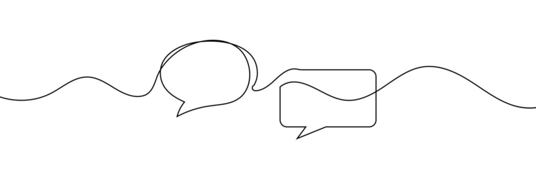 Continuous one line drawing of two speech bubbles with modern minimalist style on white background in black ink . EPS 10 .