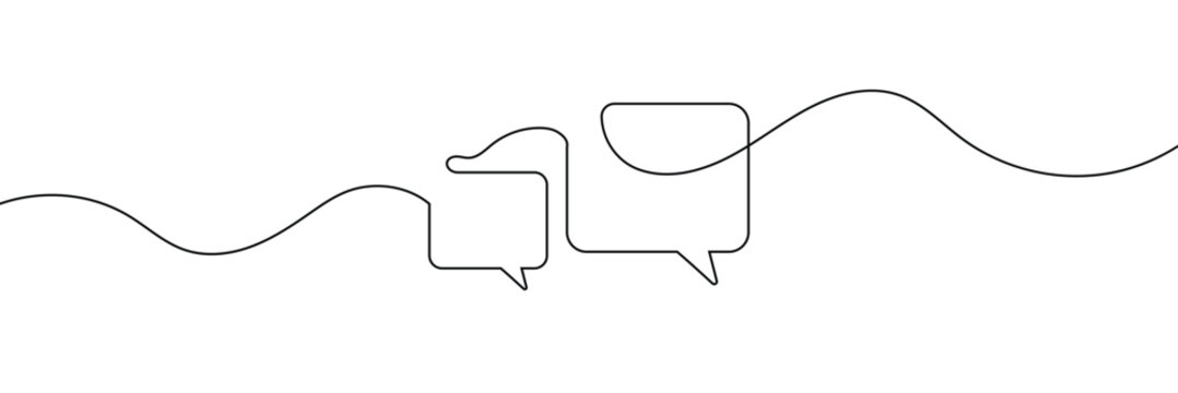 Continuous one line drawing of two speech bubbles with modern minimalist style on white background in black ink . EPS 10 .