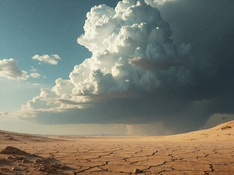 "Expansive desert landscape with cracked dry earth patterns under a dramatic thundercloud sky, distant rainfall visible on the horizon, intense natural lighting and texture-focused realism."