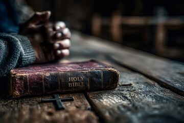 Praying hands are resting on a very old holy bible with worn cover and a metal cross on a rustic wooden table, creating a spiritual scene of prayer and devotion