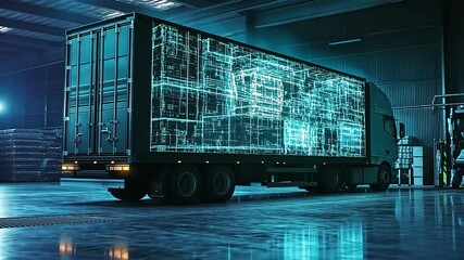 Futuristic truck with digital holographic display parked in a high-tech warehouse environment - Powered by Adobe