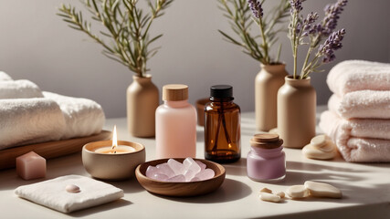 Minimalist spa flat lay with essential oils, handmade soap, bath salt, towel and lilac flowers on white background. Natural skincare concept