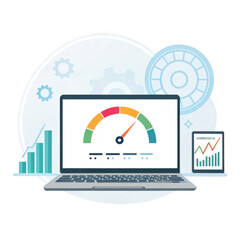 Digital dashboard with speedometer and graphs on laptop and tablet isolated on transparent background