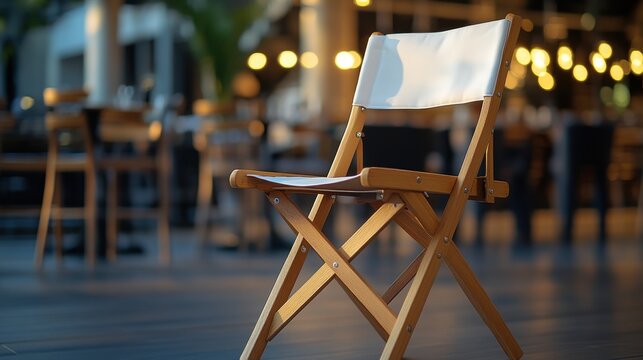 A wooden folding chair with a white canvas back sits in a softly lit outdoor dining space, evoking a sense of relaxation and anticipation.