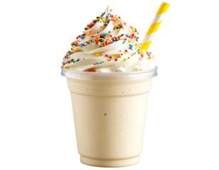 3D Stylized Banana Milkshake in Cute Cup with Whipped Cream and Sprinkles, Isolated PNG