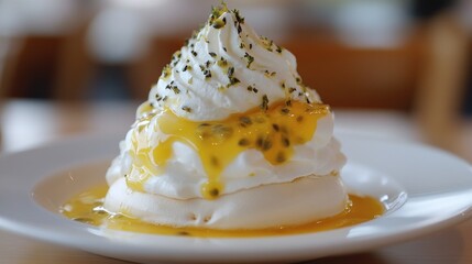 Dessert, passion fruit pavlova
