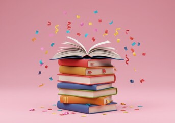 Celebratory stack of colorful books with falling confetti on pink background